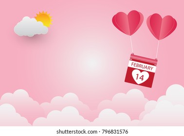 Valentine's day, heart-shaped balloon floating in the sky, pink background, paper art