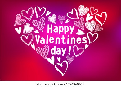 Valentines Day hend drawn hearts on blur red background.