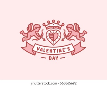 Valentines day - heraldry emblem, illustration line style - cupids with onions fly near the heart with a crown.