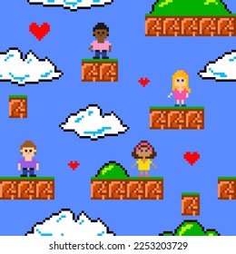 Valentine's day. heterosexual couple, gay couple, and bisexual couple in style of 8-bit game. Pixel art seamless pattern . Texture for fabric, wrapping, wallpaper. Decorative print