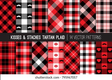 El Día de San Valentín estilo Hipster Tartán y Buffalo Check Vector de Placa en Corazones, Labios y Mustaches Rosa, Negro y Rojo. Besos 