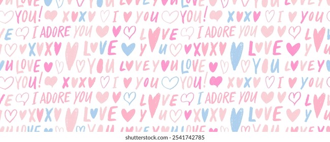 Valentine's day holiday backdrop texture with crayon drawn hearts and romantic phrases. Handwritting love phrase, I adore you, pencil drawn red and pink hearts. Childish cute seamless pattern.