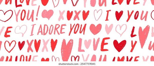 Valentine's day holiday backdrop texture with crayon drawn hearts and romantic phrases. Handwritting love phrase, I adore you, pencil drawn red and pink hearts. Childish cute seamless pattern.