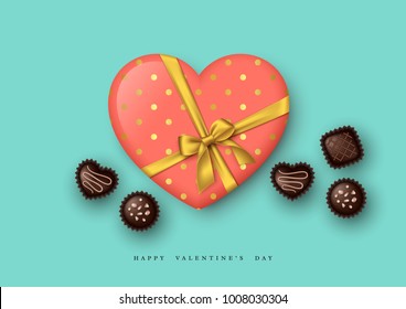 Valentine's day holiday background. 3d heart with golden bow and chocolate sweets. Decorative elements for holiday design. Vector illustration.