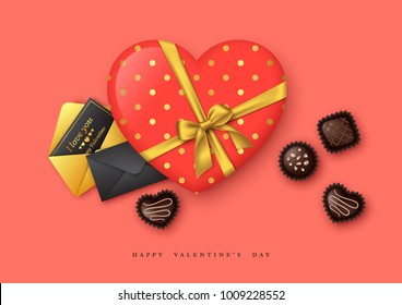 Valentine's day holiday background. 3d heart with golden bow and chocolate sweets, greeting postcards. Decorative elements for holiday design. Vector illustration.