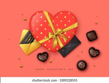 Valentine's day holiday background. 3d heart with golden bow and chocolate sweets, greeting postcards. Decorative elements for holiday design. Vector illustration.