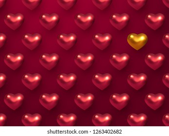 Valentines day holiday background with 3d metallic hearts in red and golden colors. Grid layout with decorative hearts. Vector illustration.