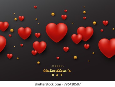 Valentine's day holiday background with 3d hearts. Decorative elements for holiday design. Vector illustration.