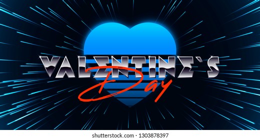 Valentines day holiday background completed in retro style. Bright typography of 80s.  Abstract laser rays, speed of light. Vector retro 80s illustration. Blue heart.