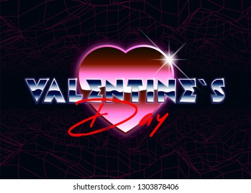 Valentines day holiday background completed in retro style. Big metallic red heart. Bright typography of 80s. Vector retro 80s illustration