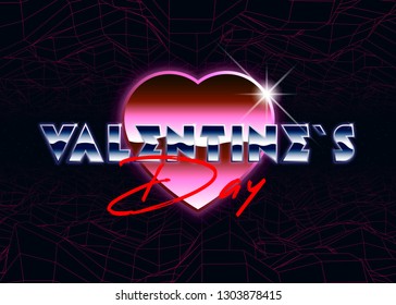 Valentines day holiday background completed in retro style. Big metallic red heart. Bright typography of 80s. Vector retro 80s illustration