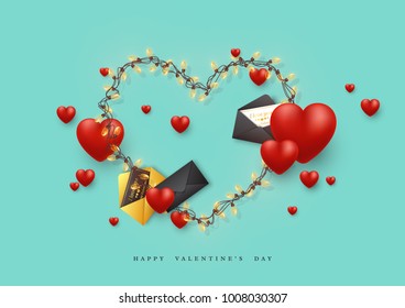 Valentine's day holiday background. Garland heart and greeting card with envelope, 3d hearts. Decorative elements for holiday design. Vector illustration.