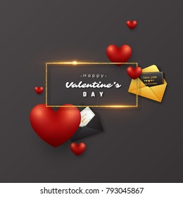 Valentine's day holiday background. Glitter golden frame with glowing lights, 3d heart and greeting card with envelope. Decorative elements for holiday design. Vector illustration.