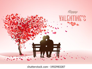 Valentine's Day holiday background with  heart shape tree and couple in love on a bench. Concept of love. Vector