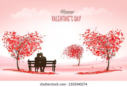 Valentine's Day holiday background with  heart shape tree and couple in love on a bench. Concept of love. Vector