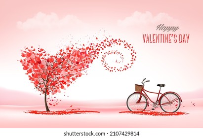 Valentine's Day holiday background with heart shape tree with heart-shaped leaves and bicycle. Concept of love. Vector