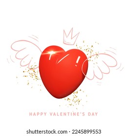 Valentine's Day holiday background. Modern mixed style vector illustration with 3d and 2d elements. 3d red heart with hand drawn wings and crown and golden confetti isolated on white background.