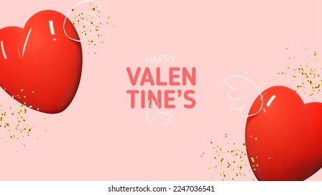 Valentine's Day holiday background. Modern mixed style vector illustration with 3d and 2d elements. Couple of flying hearts with hand drawn wings and golden confetti. Holiday greeting card.