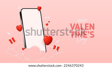 Valentine's Day holiday background. Modern mixed style vector illustration with 3d and 2d elements. Realistic 3d phone and hearts with hand decorative drawn elements. Phone mockup for ad.