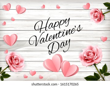 Valentine's Day Holiday Background with a Pink roses and Paper Hearts on a Wooden Sign. Vector illustration