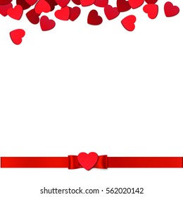 Valentine's Day holiday background with read heart confetti and bow with horizontal ribbon isolated on white. 