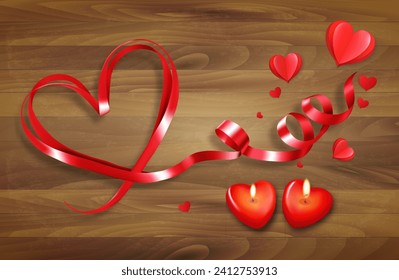 Arrière-plan de fête de la Saint-Valentin. ruban en forme de coeur rouge et deux bougies cardiaques sur fond bois. Image vectorielle.