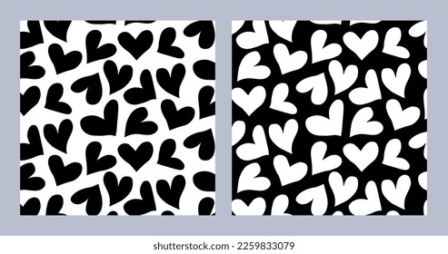 Valentine's day holiday background set. Love, romantic wedding design. Black and white heart seamless pattern illustration.
