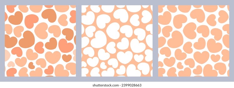 Valentine's day holiday background set. Love, romantic wedding design. Pastel peach fuzz color heart seamless pattern illustration. Trendy hearts baby print.