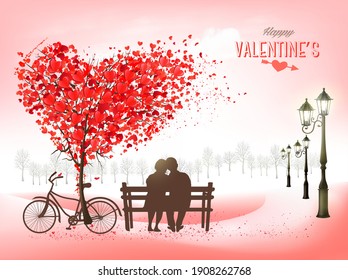 Valentine's Day holiday background with tree with heart-shaped leaves and couple in love on a bench. Concept of love. Vector