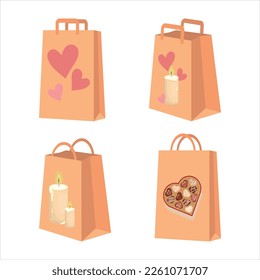 Valentine's Day holiday bags with candle and heart print. paper bags for shopping, gift and grocery bags in the style of Valentine's Day. Kraft paper, cardboard bags with handles. Shopping conceptual.