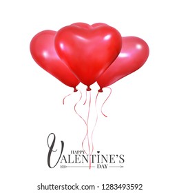 Valentines Day holiday balloons. Bunch of realistic red balloons of heart shape.