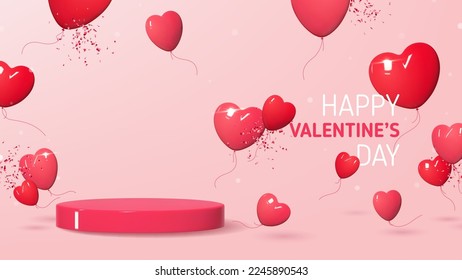 Valentine's Day holiday banner. Holiday composition with realistic pink podium, 3d balloons and confetti on pink background. Valentine's Day card. Ad background for presentation of goods or products.