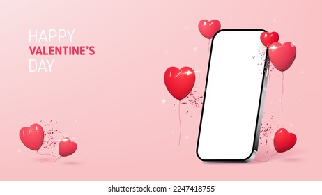 Valentine's Day holiday banner. Holiday composition with realistic phone, pink and red 3d balloons and confetti on pink background. Valentine's Day card. Phone mockup.