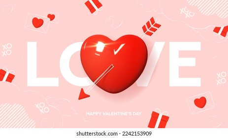 Valentine's Day holiday banner. Modern mixed style vector illustration with 3d and 2d elements. Realistic 3d heart with hand drawn cupid arrow, clouds, gift boxes and envelopes. Valentine's Day card.