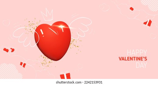 Valentine's Day holiday banner. Modern mixed style vector illustration with 3d and 2d elements. Realistic 3d heart with hand drawn wings, crown, gift boxes and envelopes. Valentine's Day card.