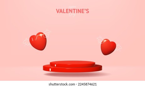 Valentine's Day holiday banner. Modern mixed style vector illustration with 3d and 2d elements. Soaring podium for promotion products or goods. Flying hearts with hand drawn wings. Holiday ad banner.