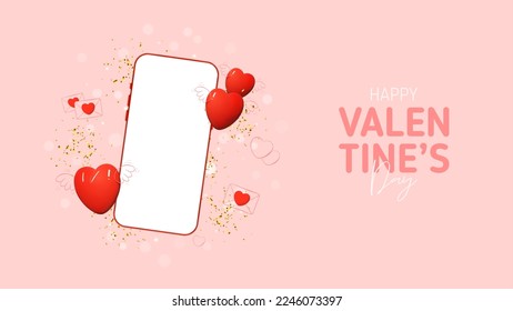 Valentine's Day holiday banner. Modern mixed style vector illustration with 3d and 2d elements. Promo banner with template of smartphone, flying hearts and golden confetti. Holiday mockup.