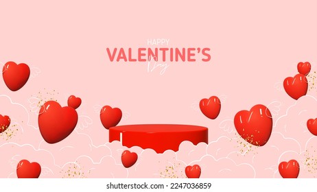 Valentine's Day holiday banner. Modern mixed style vector illustration with 3d and 2d elements. Realistic 3d podium and hearts with hand drawn wings, clouds and golden confetti. Valentine's Day card.