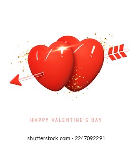 Valentine's Day holiday banner. Modern mixed style vector illustration with 3d and 2d elements. Couple of hearts with hand drawn arrow and golden confetti isolated on white background.