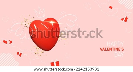 Valentine's Day holiday banner. Modern mixed style vector illustration with 3d and 2d elements. Realistic 3d heart with hand drawn wings, crown, gift boxes and envelopes. Valentine's Day card.