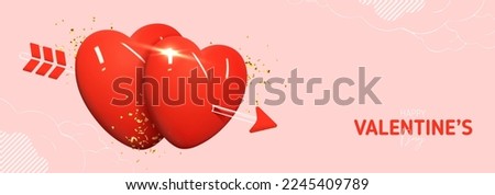 Valentine's Day holiday banner. Modern mixed style vector illustration with 3d and 2d elements. Realistic 3d couple of heart with golden confetti, hand drawn cupid arrow, clouds. Valentine's Day card.