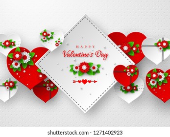 Valentines day holiday banner or poster. 3d paper cut red and white hearts with flowers on spotted background. Vector illustration.