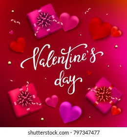 Valentines day holiday banner. Red  hearts with gift boxes, confetti and hand lettering. Festive sign. Vector