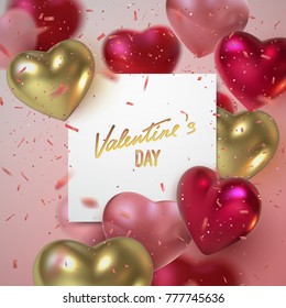 Valentines day holiday banner. Vector realistic illustration with glossy hearts, paper ad sign, confetti glitters and vintage lettering. Festive decoration element. Red, pink, golden heart shapes. 