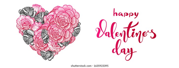 Valentine's day holiday card or banner. Flower heart of roses.  calligraphy inscription. Vector illustration