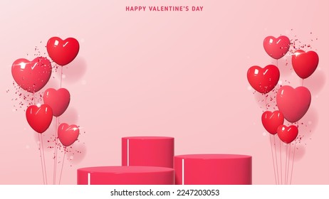 Valentine's Day holiday card. Holiday composition with realistic pink podiums, 3d balloons and confetti on pink background. Valentine's Day card. Ad background for presentation of goods or products.