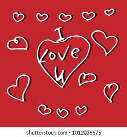 Valentine's Day holiday card. I Love U inscription heart symbol. Happy Valentine's day, wedding, love greeting card. Hand drawn vector illustration.