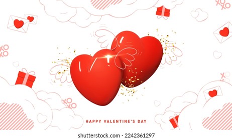 Valentine's Day holiday card. Modern mixed style vector illustration with 3d and 2d elements. Realistic 3d flying couple of heart with hand drawn wings, clouds, gift boxes and envelopes.