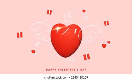 Valentine's Day holiday card. Modern mixed style vector illustration with 3d and 2d elements. Realistic 3d heart with hand drawn wings, crown, clouds, gift boxes and envelopes. Valentine's Day banner.