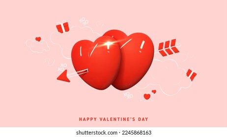 Valentine's Day holiday card. Modern mixed style vector illustration with 3d and 2d elements. Realistic 3d couple of heart with hand drawn cupid arrow, clouds, gift boxes and envelopes.